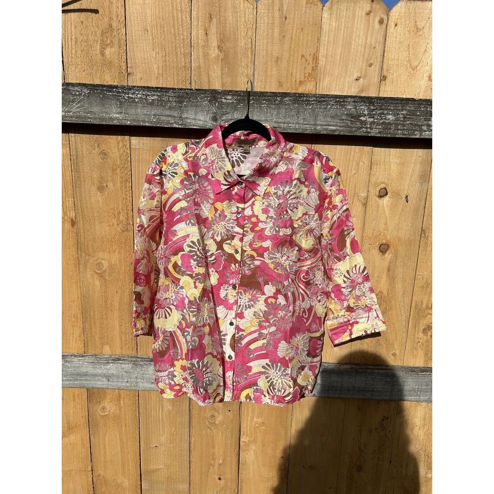 Notations Women's Pink Floral Half‎ Sleeve Semi  Sheer Button Shirt Top Size L